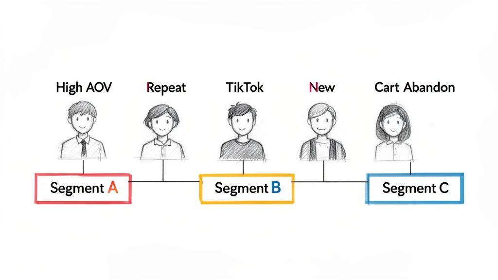 Diagram illustrating customer segmentation, categorizing customer types like High AOV, Repeat, and Cart Abandon into three segments.