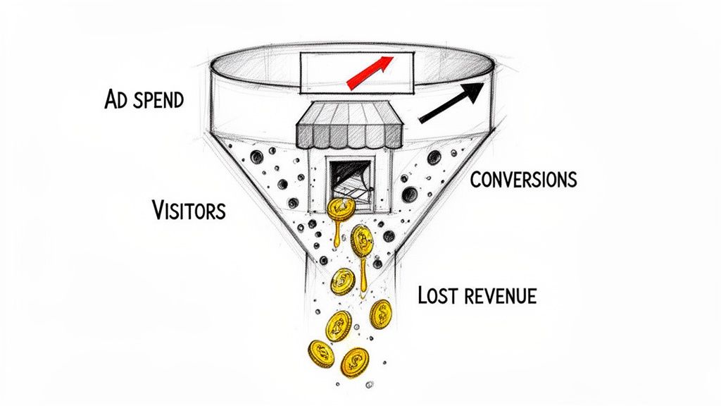 A hand-drawn sales funnel illustration showing ad spend and visitors leading to conversions and lost revenue.