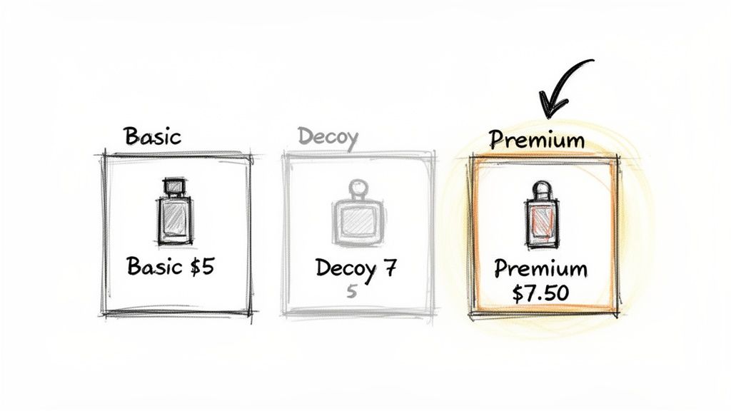 A sketch showing Basic ($5), Decoy ($7.50), and Premium ($7.50) pricing options, with Premium highlighted.