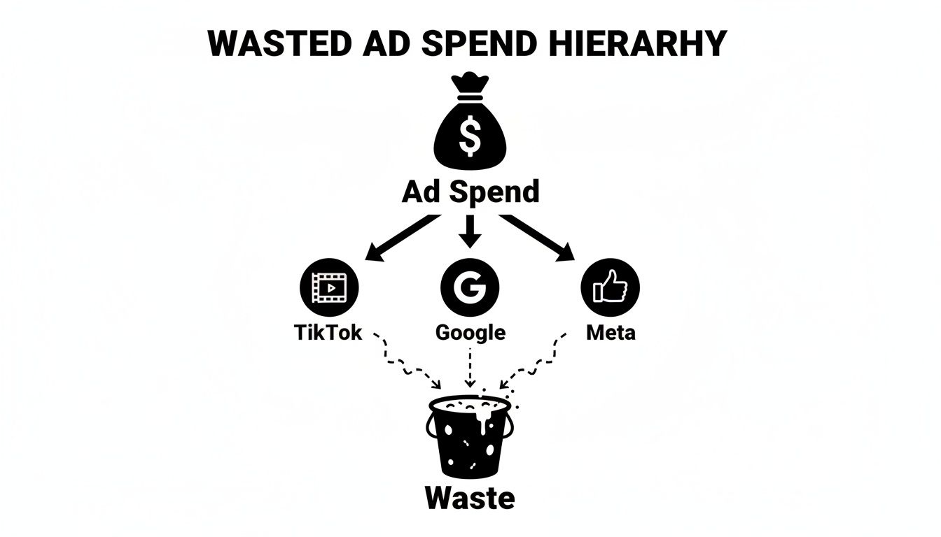 Diagram illustrating wasted ad spend hierarchy, showing money flowing from ad spend to platforms like TikTok, Google, and Meta, ultimately leading to waste.