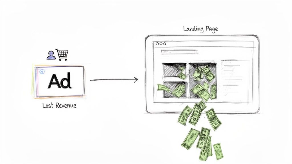 Sketch illustrating lost revenue when an ad directs to a poorly converting landing page.