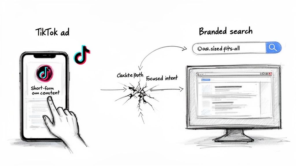 Diagram illustrating a user's journey from a TikTok ad with short-form content to a branded search.