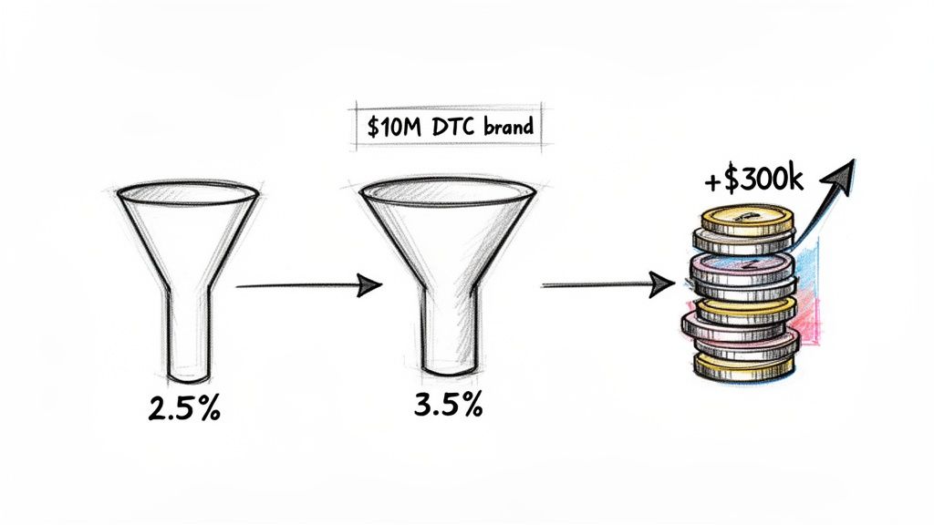 Diagram showing a DTC brand increasing conversion from 2.5% to 3.5%, adding $300k revenue.
