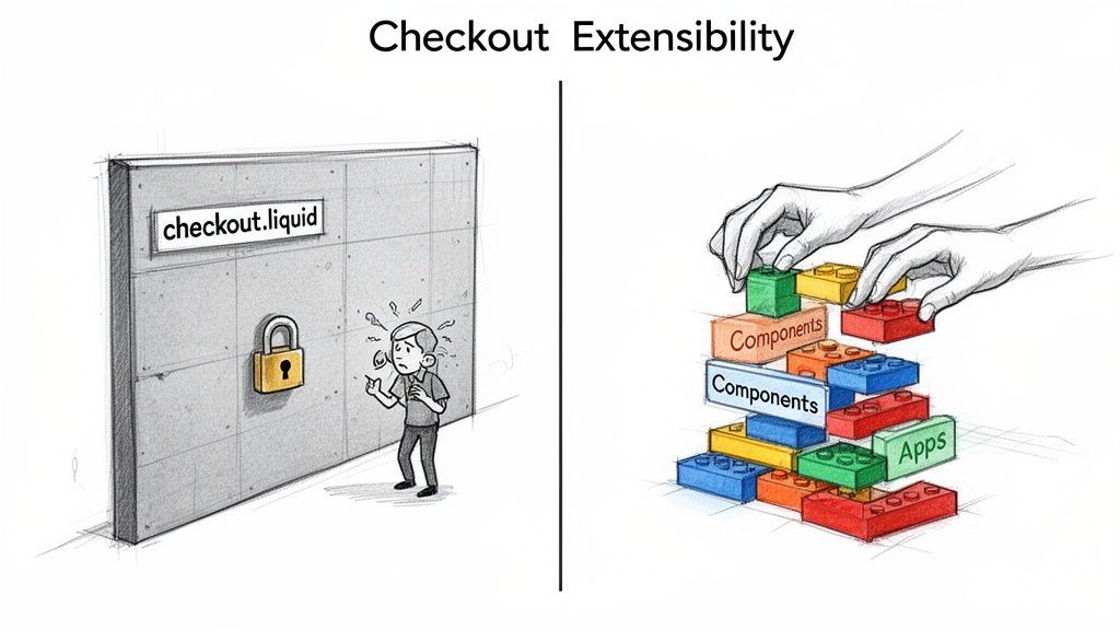 Illustrates checkout extensibility, contrasting a locked checkout.liquid wall with hands building modular Components and Apps.