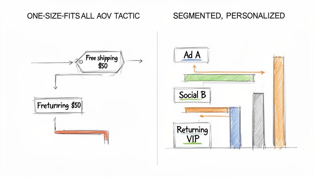 Diagram comparing one-size-fits-all AOV tactics with personalized segmentation strategies resulting in higher value.