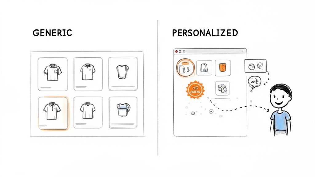 Illustration comparing a generic product display with a personalized website experience for a happy user.