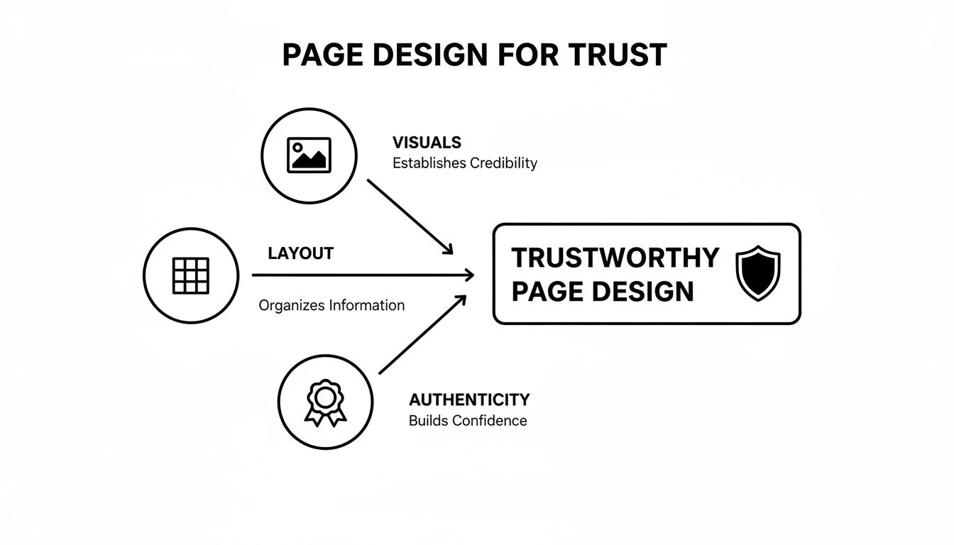A diagram illustrating how visuals, layout, and authenticity contribute to a trustworthy page design.