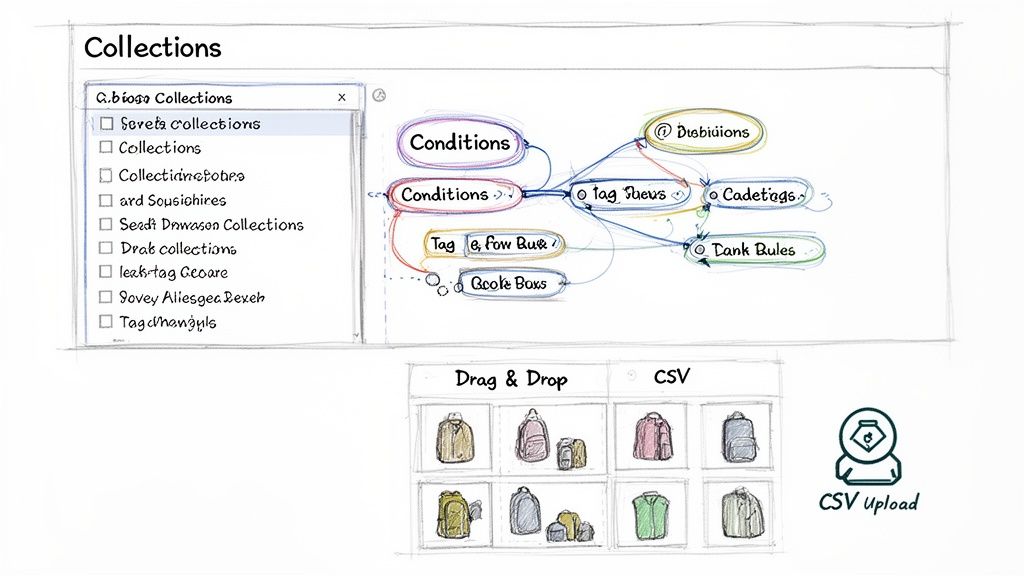 A digital interface sketch displaying item collections, a conceptual mind map, and drag-and-drop or CSV upload features.