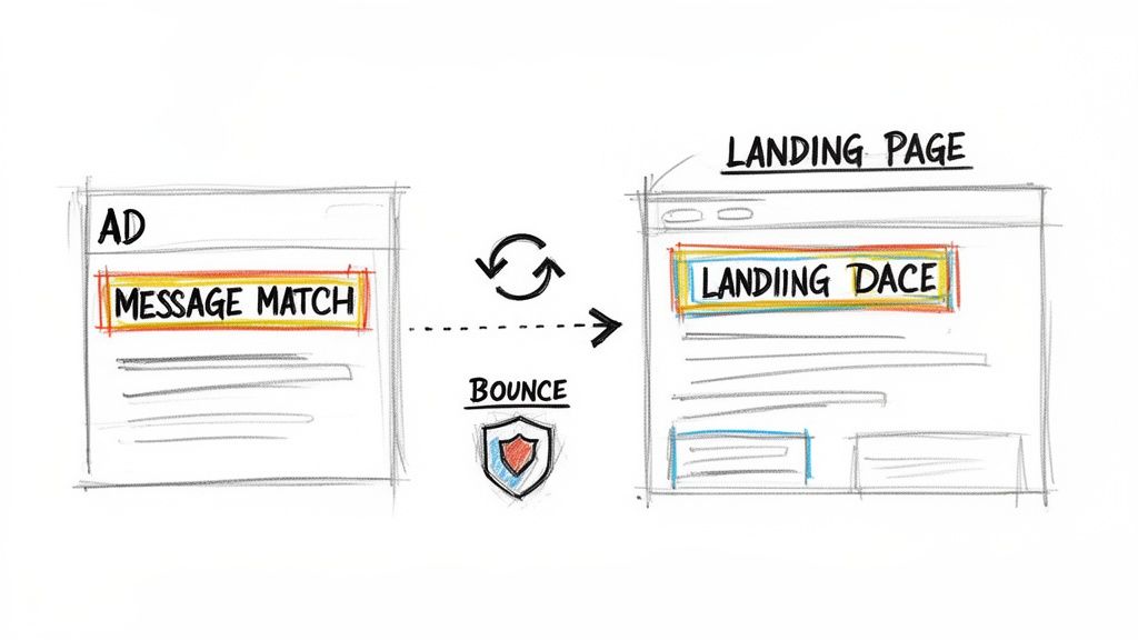 Diagram illustrating an ad's message match to a landing page, showing a 'bounce' due to content mismatch.
