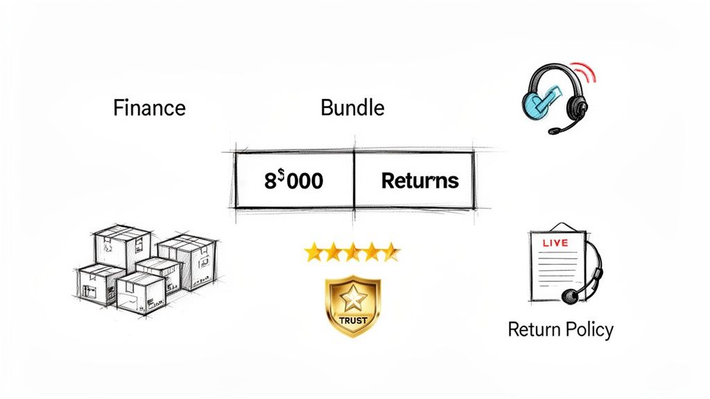 An e-commerce business concept illustration showing finance, bundle options, price, returns, trust, and customer service.