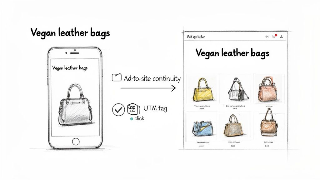 A phone ad for vegan leather bags transitions to a website displaying more bags, illustrating ad-to-site continuity with UTM tags.