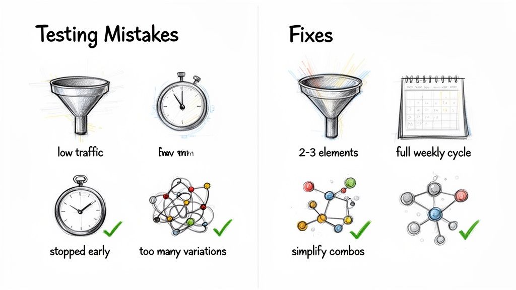 Infographic showing common testing mistakes like low traffic and too many variations, with fixes like 2-3 elements and simplified combos.