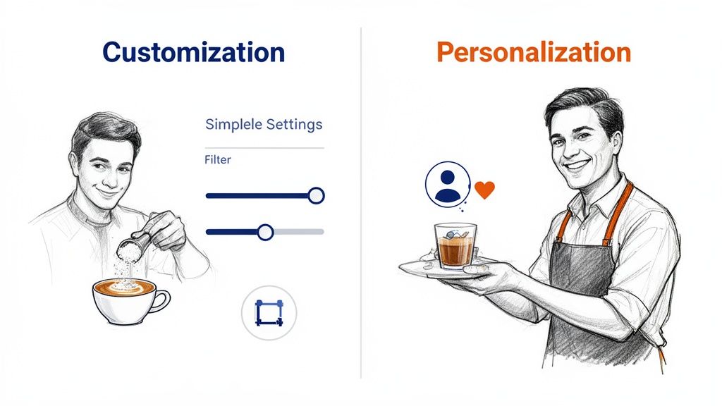 Illustration comparing customization where a user adjusts settings with personalization where a system adapts automatically