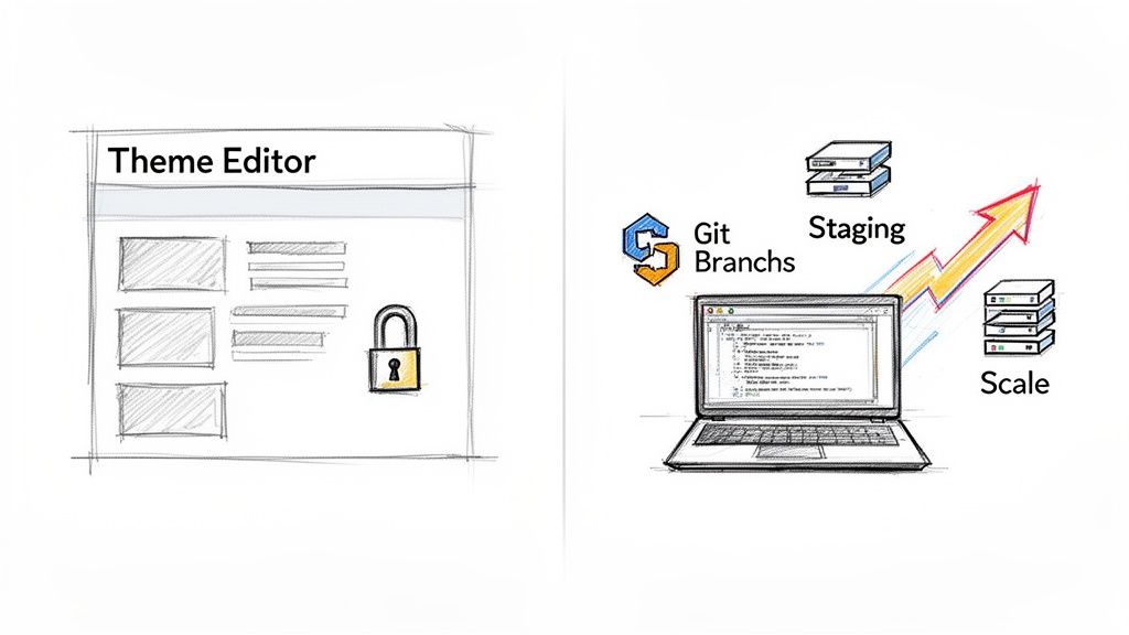 Diagram comparing a locked theme editor interface with a flexible development workflow using Git branches, staging, and scaling.