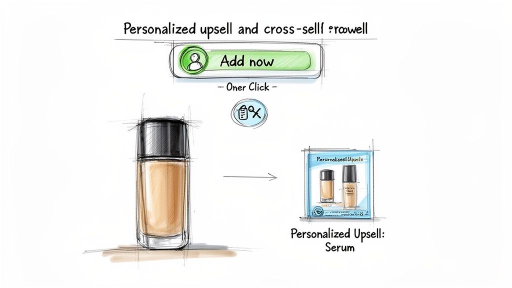 Diagram illustrating personalized upsell and cross-sell, showing a foundation bottle and a serum upsell package.