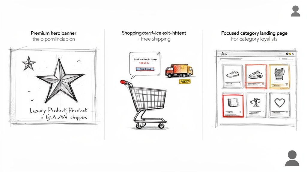 Sketches illustrating e-commerce marketing strategies: premium banners, cart abandonment solutions, and category landing pages.