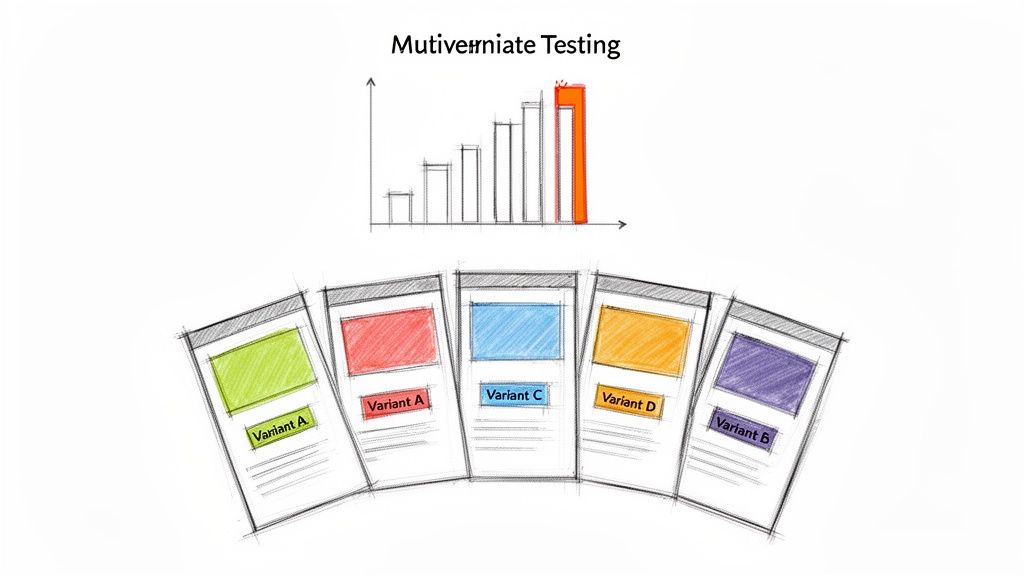 Multivariate testing concept showing different webpage variants and a bar chart highlighting the best performer.