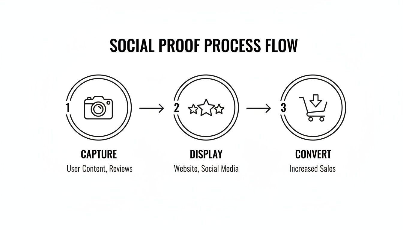 A three-step social proof process flow illustrating capture, display, and convert for sales.
