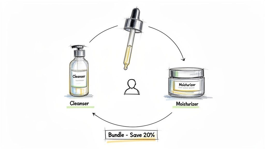 Illustration of a skincare product bundle featuring cleanser, serum, and moisturizer, with a 20% saving.