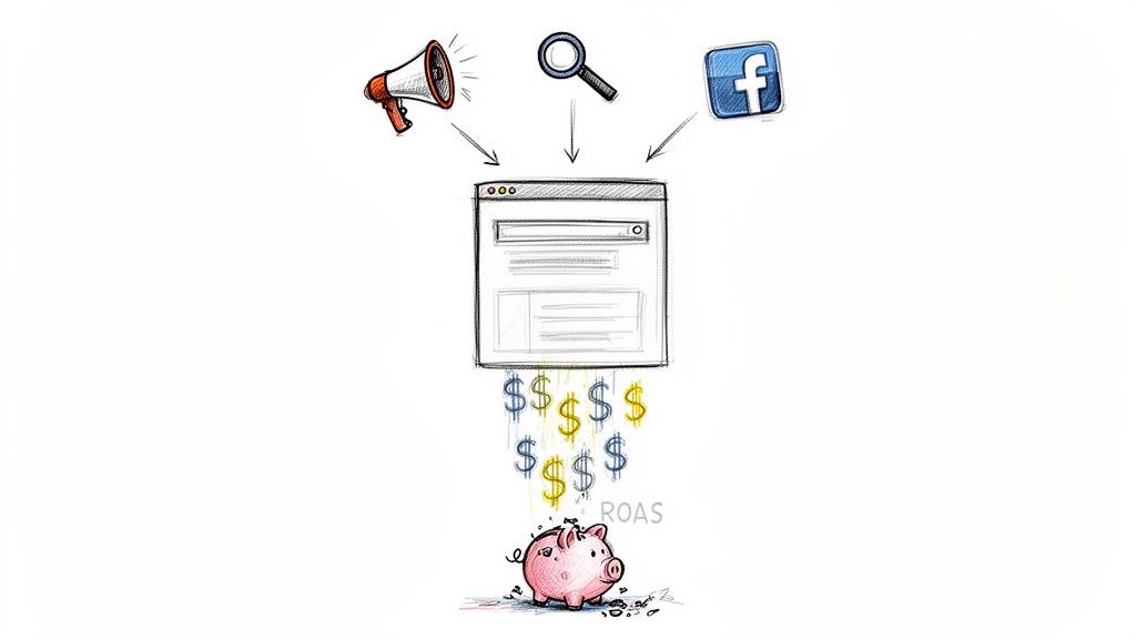 Illustration depicting a megaphone, magnifying glass, and Facebook icon driving traffic to a landing page, generating ROAS.