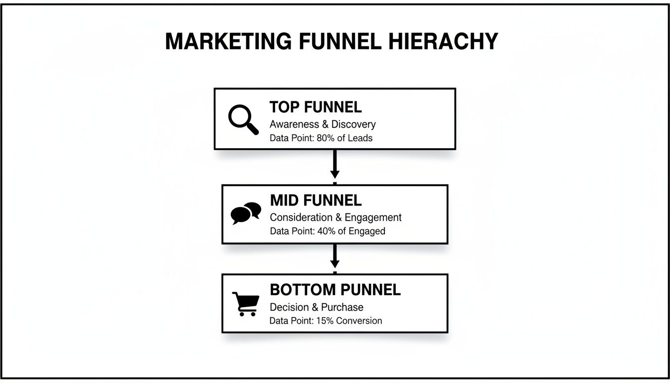 A marketing funnel hierarchy diagram illustrating top, mid, and bottom stages with key metrics.