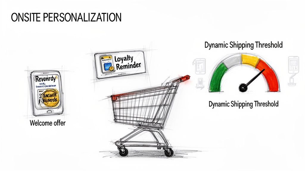 Diagram showing onsite personalization with welcome offer, loyalty reminder, and dynamic shipping threshold.