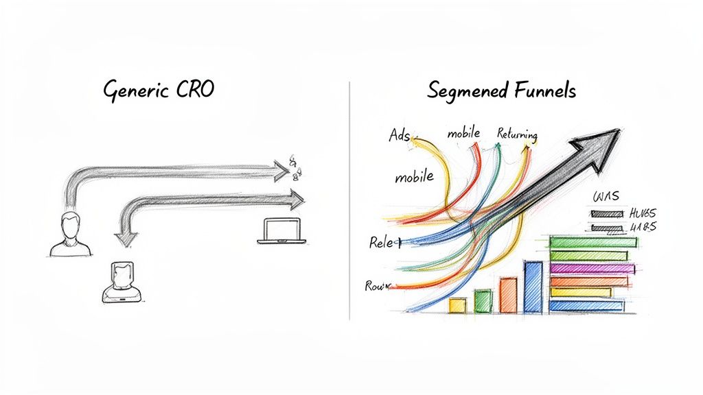 Hand-drawn diagram comparing generic conversion rate optimization with detailed, segmented funnels for growth.