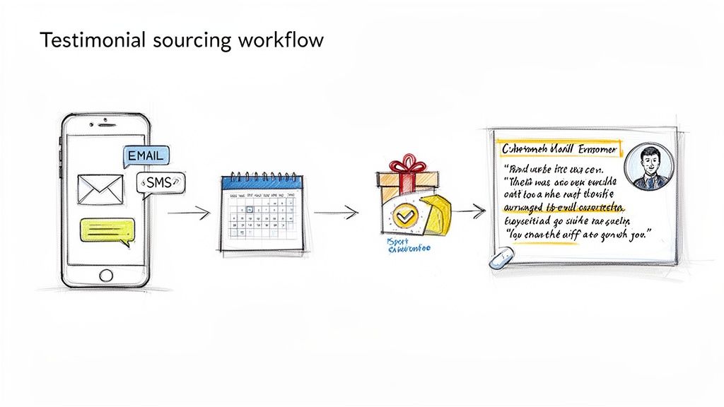 Illustrated workflow of testimonial sourcing, from initial contact to published customer review.