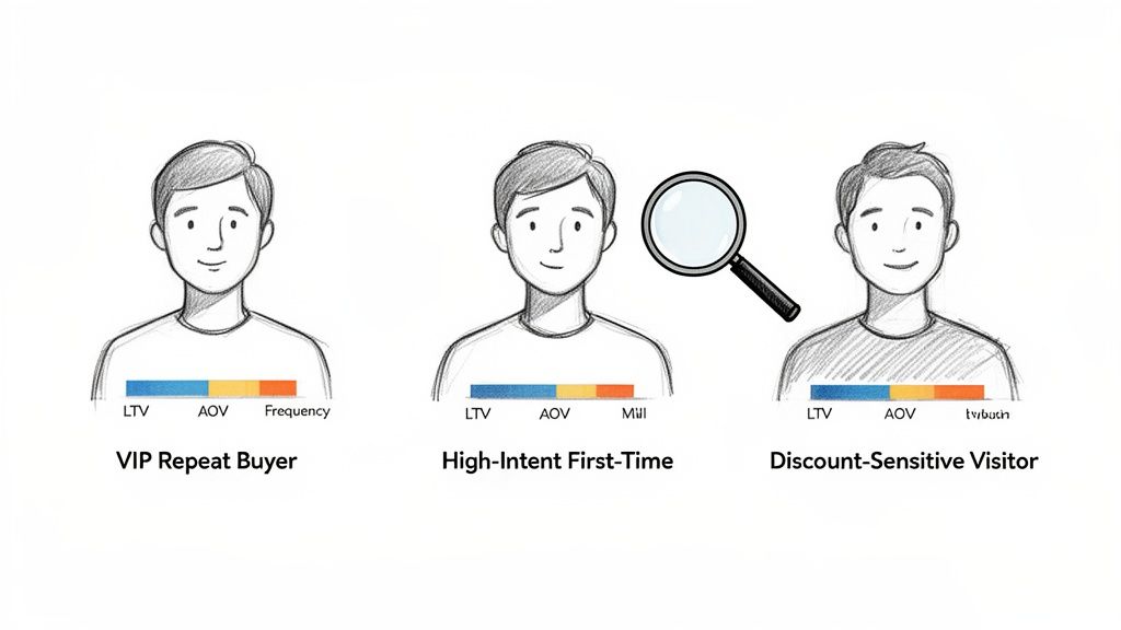 Sketches of three customer profiles: VIP Repeat Buyer, High-Intent First-Time, and Discount-Sensitive Visitor, showing LTV, AOV, and other metrics.