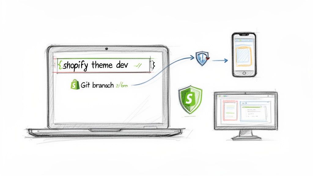 Workflow illustrating Shopify theme development, including coding, secure preview on mobile, and admin dashboard.