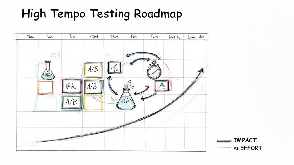 Hand-drawn High Tempo Testing Roadmap illustrating A/B tests, feedback loops, and impact versus effort.