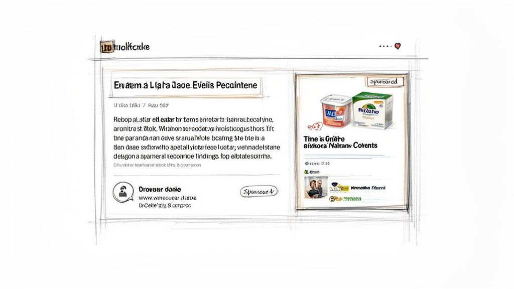 A sketch of a webpage showing an article and a sponsored advertisement with product images.