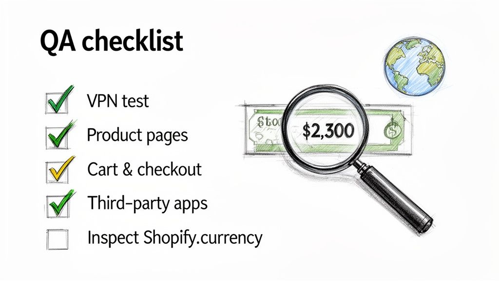 QA checklist for Shopify currency formatting review with a magnifying glass on a bill.