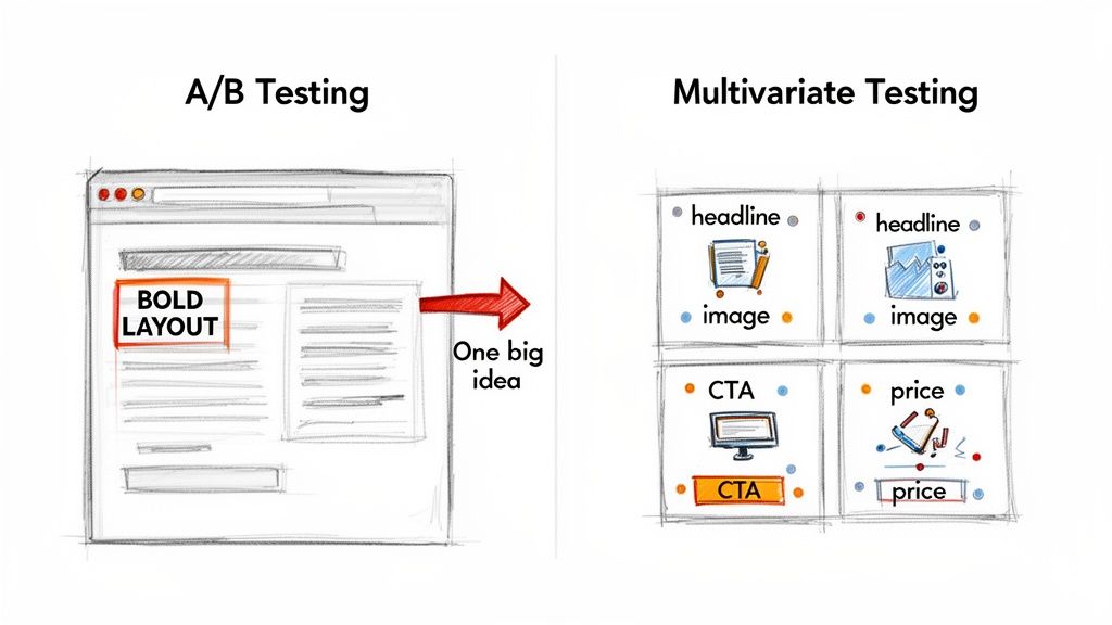 Illustration comparing A/B testing, which changes one major layout element, with multivariate testing, which tests multiple elements simultaneously.