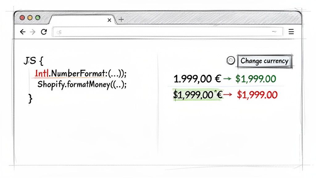 Browser window displaying JavaScript code for Intl.NumberFormat and Shopify.formatMoney, with currency conversion examples.