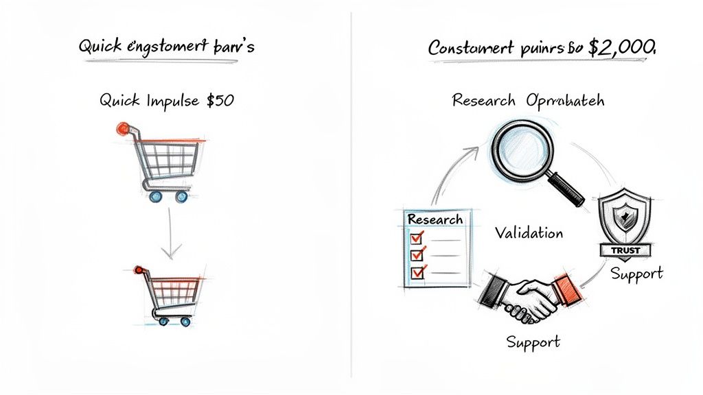 An illustration comparing quick $50 impulse purchases with a detailed $2,000 customer journey involving research, trust, and support.