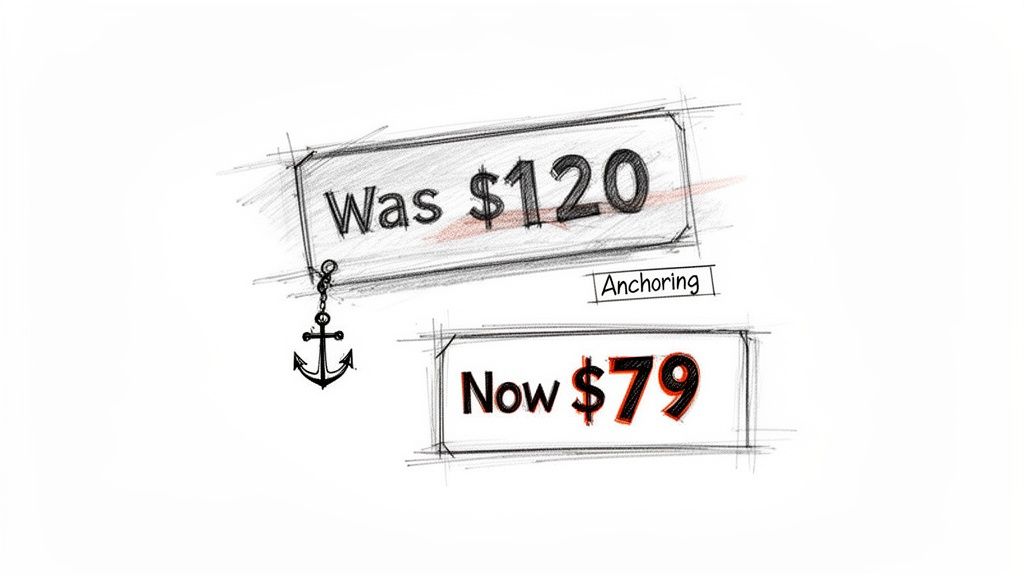 An illustration demonstrating anchoring bias in pricing with 'Was $120' crossed out and 'Now $79', featuring an anchor symbol.