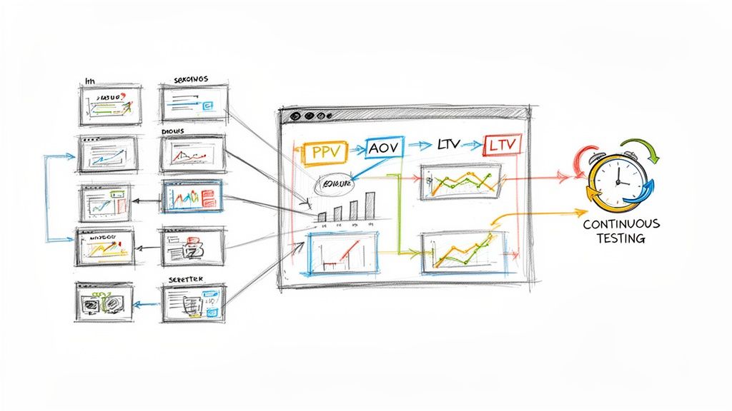 Visualizing an e-commerce data flow, connecting various sources to a dashboard for metrics analysis and continuous testing.