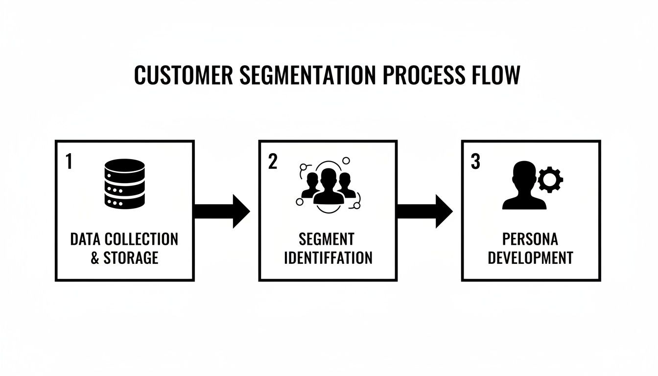 A customer segmentation process flow diagram illustrating data collection, segment identification, and persona development steps.