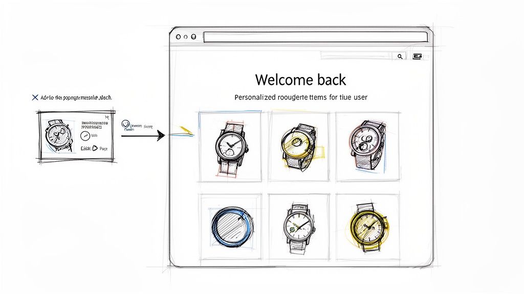 Wireframe of an e-commerce page with personalized watch recommendations and a notification.