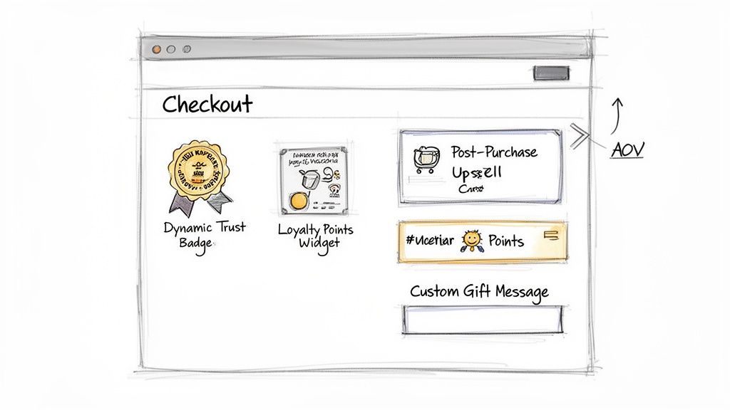 A sketch of an e-commerce checkout page with a dynamic trust badge, loyalty points, upsell, and custom gift message options.