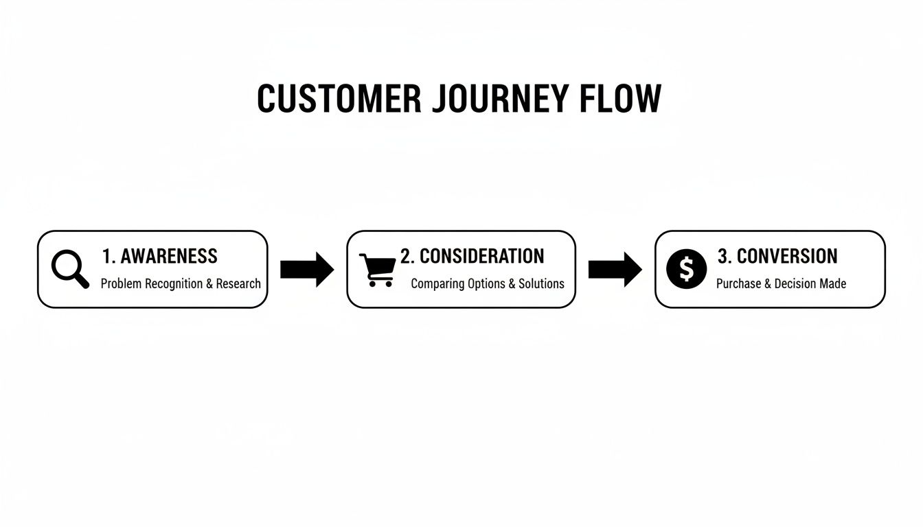 Diagram illustrating the key stages of a customer journey: Awareness, Consideration, Conversion, Retention, and Advocacy.