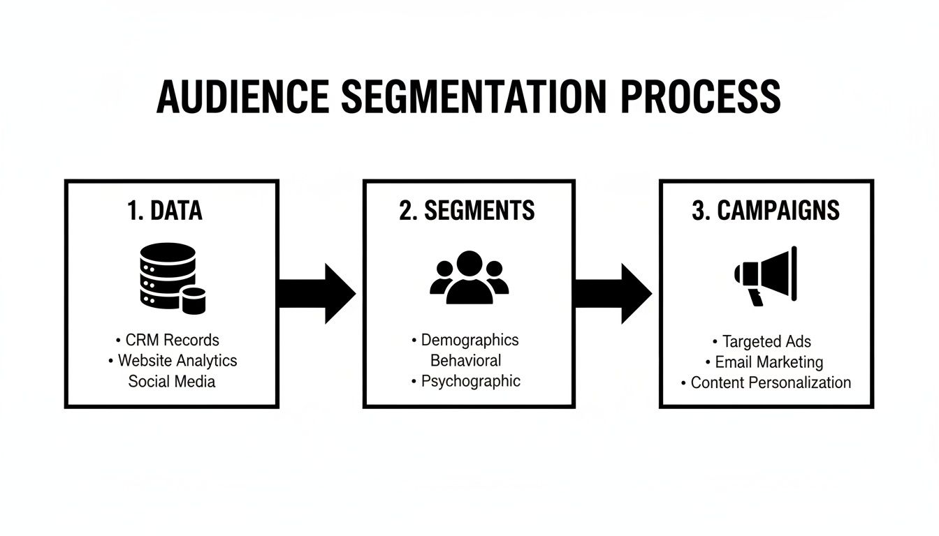 Flowchart detailing the audience segmentation process: data, segment creation, and campaign execution.
