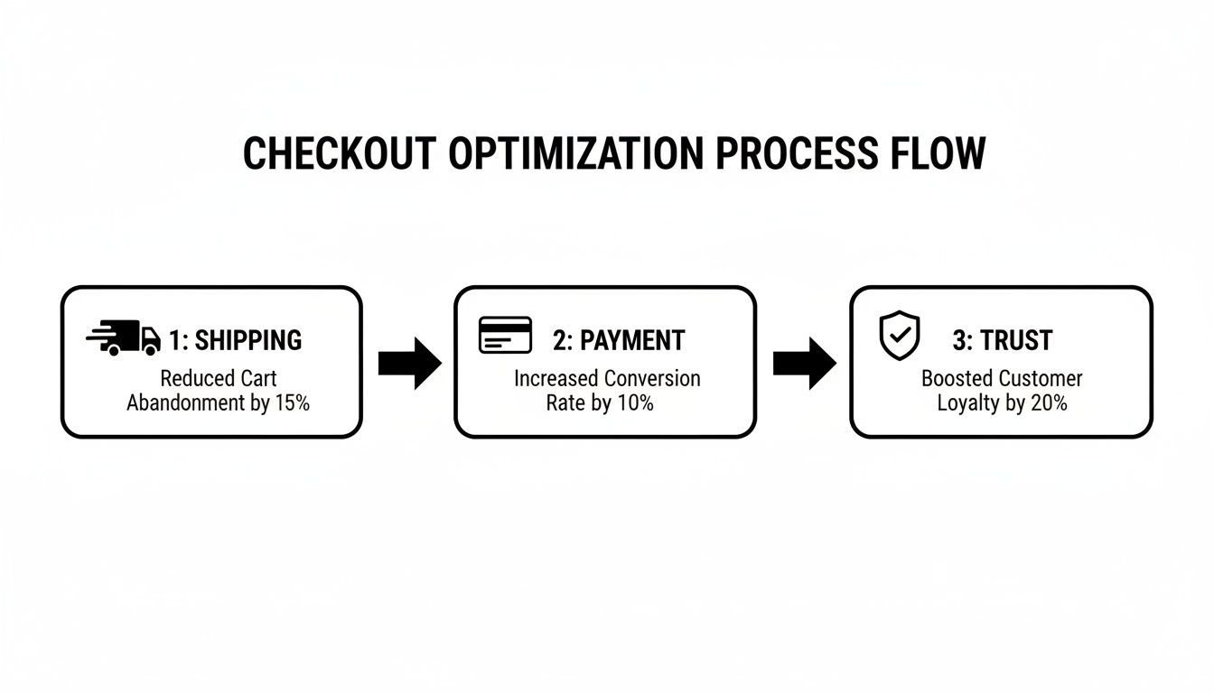 A checkout optimization process flow illustrating steps for shipping, payment, and building customer trust.