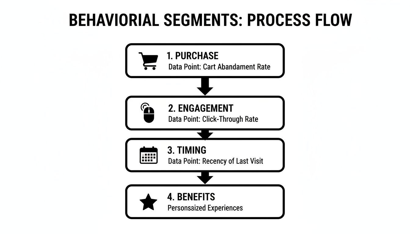 A flowchart titled 'Behavioral Segments: Process Flow' detailing four steps: Purchase, Engagement, Timing, and Benefits.