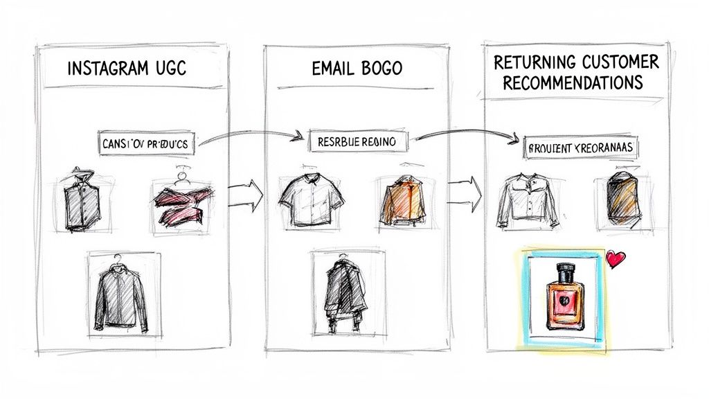 A diagram illustrating three stages of an e-commerce customer journey: Instagram UGC, Email BOGO, and Returning Customer Recommendations.