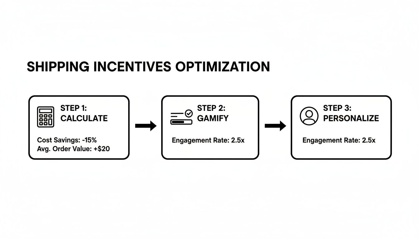 A three-step process diagram for shipping incentives optimization, showing calculation, gamification, and personalization.