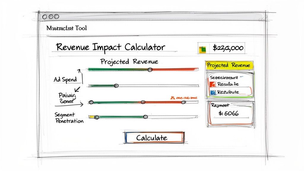 A hand-drawn sketch of a 'Revenue Impact Calculator' user interface with sliders and projected revenue.