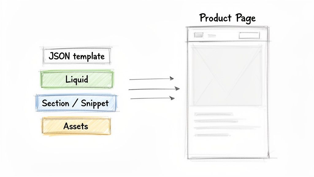 Diagram showing how JSON template, Liquid, Section/Snippet, and Assets combine to create a Product Page.