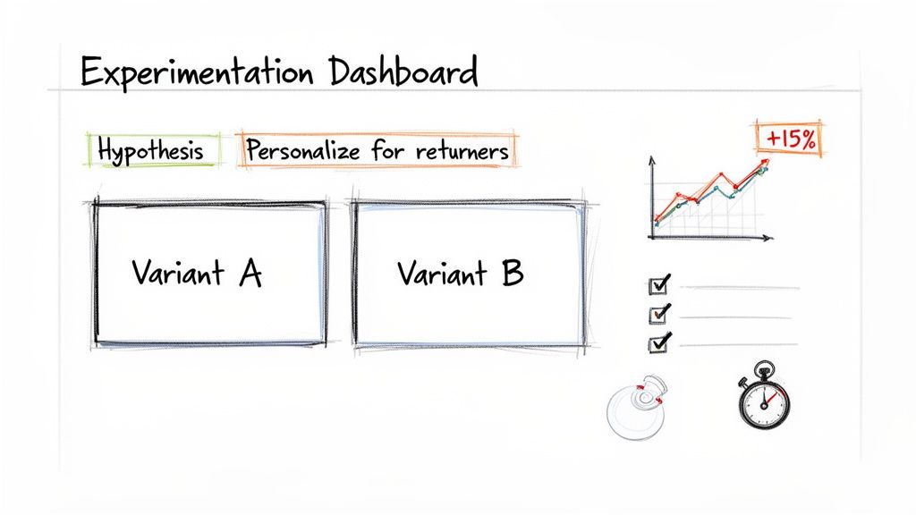 A hand-drawn experimentation dashboard showing A/B testing variants, hypothesis, and a performance graph indicating +15%.
